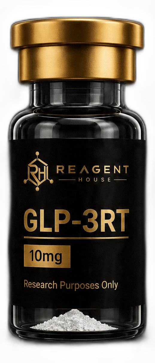 Reagent House research peptide vial with gold cap on dark background