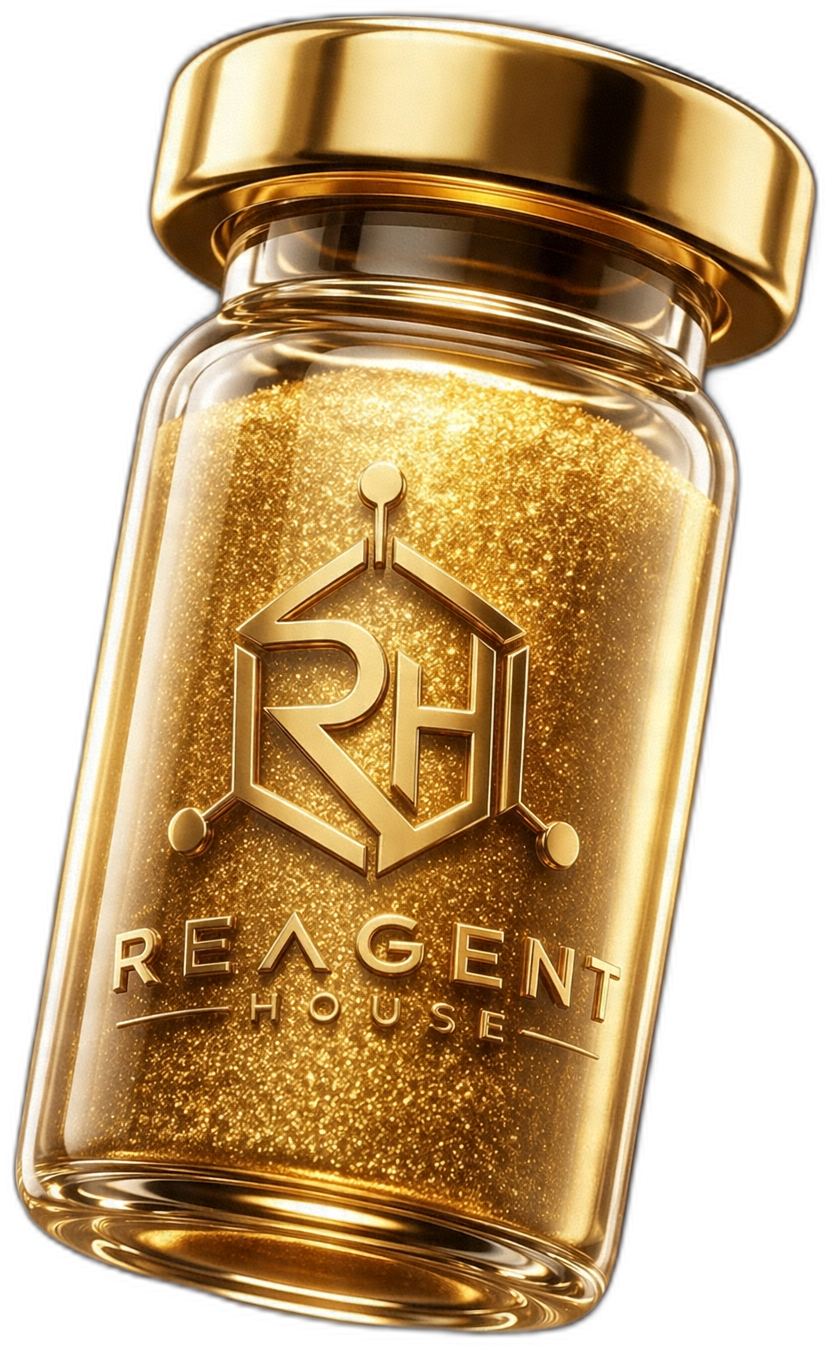 Reagent House research peptide vial, gold-capped, branded with the RH hexagon mark
